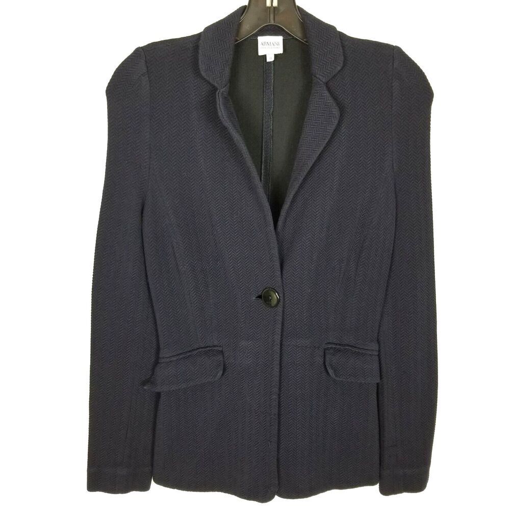 Armani Collezioni Women Knit Unlined Blazer Jacket Sz 38 US‎ 6 Blue Herringbone